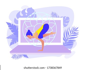 Home exercise classes. Young woman do workout at home. How to keep fit indoors. Fitness and active lifestyle concept. Healthy life and wellness concept. Flat vector illustration