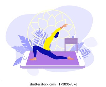 Home exercise classes. Young woman do workout at home. How to keep fit indoors. Fitness and active lifestyle concept. Healthy life and wellness concept. Flat vector illustration
