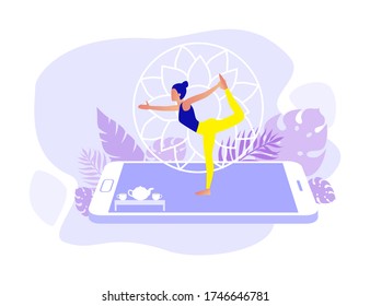 Home exercise classes. Young woman do workout at home. How to keep fit indoors. Fitness and active lifestyle concept. Healthy life and wellness concept. Flat vector illustration