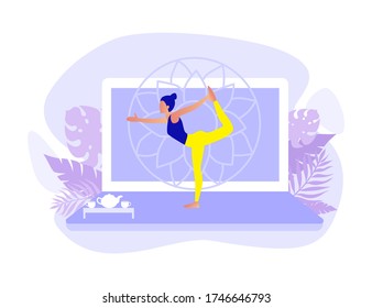 Home exercise classes. Young woman do workout at home. How to keep fit indoors. Fitness and active lifestyle concept. Healthy life and wellness concept. Flat vector illustration