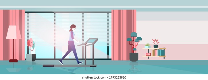 Home exercise Running machine. Vector flat concept with woman sitting at home .Vector flat illustration concept