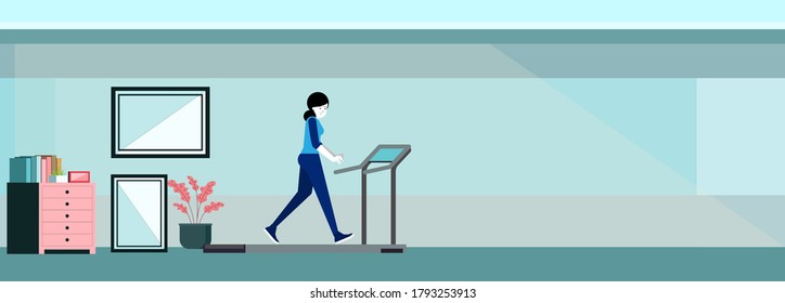 Home exercise Running machine. Vector flat concept with woman sitting at home .Vector flat illustration concept