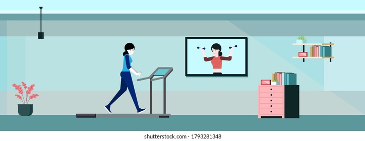 Home exercise Running machine. Vector flat concept with woman sitting at home .Vector flat illustration concept