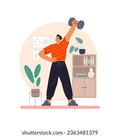 Home exercise. Vector cartoon illustration in a flat style of a young man with a dumbbell raised up. Isolated on a home interior background