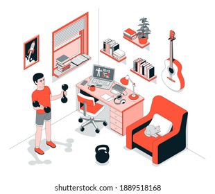 Home exercise in workplace. Home workout with dumbbell. limited colors. Vector isometric illustration.