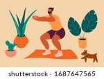 Home exercise. Young man doing squats at home. How to keep fit indoors. Fitness and morning workout in cozy interior. Healthy lifestyle and wellness concept. Flat vector illustration