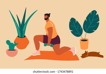 Home Exercise. Young Man Doing Kneeling Lunges At Home. How To Keep Fit Indoors. Fitness And Morning Workout In Cozy Interior. Healthy Lifestyle And Wellness Concept. Flat Vector Illustration