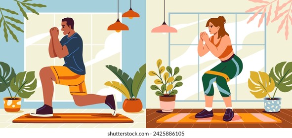 Ejercicio en casa. Joven y joven haciendo sentadillas en casa. Cómo mantenerse en forma en interiores. Gimnasio y entrenamiento matutino en un interior acogedor. Estilo de vida saludable y concepto de bienestar. Ilustración vectorial plana