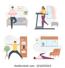 Home exercises. Male and female characters doing yoga. Woman training on treadmill, man stretching. Healthy lifestyle, spending time actively. People having workout vector illustration