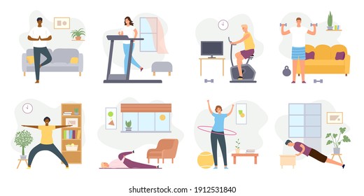 Home exercises. People meditate, do yoga, sport and fitness indoor. Active men and women workout on exercise bike and treadmill vector set. Doing stretching and exercising with dumbbells