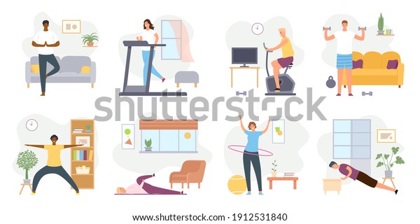 Home\
exercises. People meditate, do yoga, sport and fitness indoor.\
Active men and women workout on exercise bike and treadmill vector\
set. Doing stretching and exercising with\
dumbbells