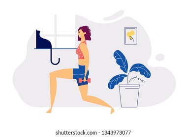 Home Exercises Positive Healthy Lifestyle Concept with Smiling Girl Character Doing Aerobic with Dumbbells at Home. Interior Banner for Female Relax for Website, Web Page. Flat Vector Illustration