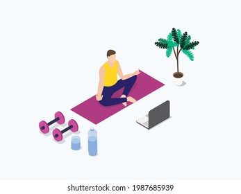 Home exercising vector concept. Young man doing yoga exercise at home while watching video online on the laptop computer