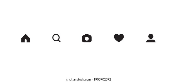 Home, Explore, Camera, Like, and Profile. Black Icon Set of Social Media