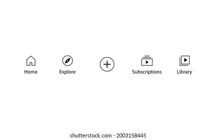 Home, Explore, Create, Subscriptions, and Library. Icon Set of Streaming App