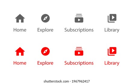 Hogar, Explorar, Suscripciones y Biblioteca. Conjunto de iconos de la suscripción al canal