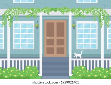 Home exterior flat color vector illustration. Suburban residence. Spring, summer season. Cat on porch. House entrance with patio 2D cartoon scene with door and windows on background