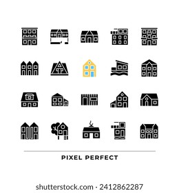 Home exteriors black glyph icons set on white space. Real estate agency. Buying property. Detached house, mansion. Silhouette symbols. Solid pictogram pack. Vector isolated illustration