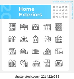 Home exteriors pixel perfect linear icons set. Real estate agency. Buying property. Detached house, mansion. Customizable thin line symbols. Isolated vector outline illustrations. Editable stroke