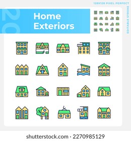 Home exteriors pixel perfect RGB color icons set. Real estate agency. Buying property. Detached house, mansion. Isolated vector illustrations. Simple filled line drawings collection. Editable stroke