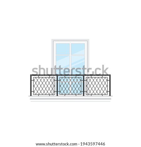 Home facade balcony with window and metal balustrade or railing isolated icon. Vector balcony of house or apartment building, architecture element. House exterior design, doorway and iron forged fence