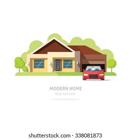 Home facade contemporary modern flat style. House traditional cottage vector  illustration. Bright family home front view with trees, garden, garage, sport car. Lovely home landscape card or postcard