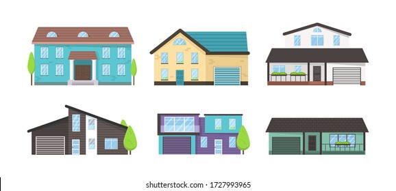 Home facade with doors and windows. House exterior front view with roof. Modern. Collection of cottage, modern architecture. Modern buildings in a flat style. Idea of real estate. Vector illustration.