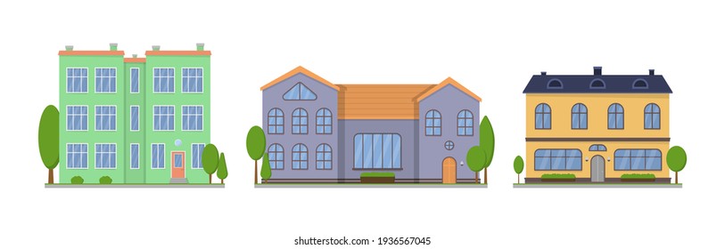 Home facade with doors and windows. Suburban American house exterior flat design front view with roof and some trees. Apartment in a townhouse. Modern buildings in a flat style. Vector illustration.