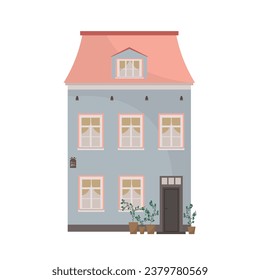 Home facade with windows, door and attic. Residential blue European house with flowerpots, outside view. Cozy architecture exterior. Flat vector illustration isolated on white background	