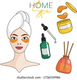 Home Facial Care Kit. Girl With A Towel On Her Head. Eye Patches