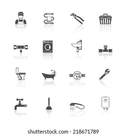 Home facilities water  pipe sections assembly and leakage fixing plumber kit icons set black isolated vector illustration