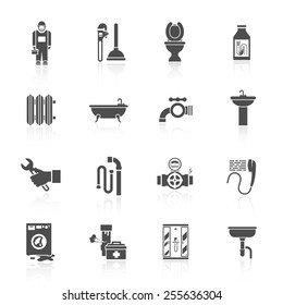 Home facilities water pipe sections assembly and leakage fixing plumber helper icons set black isolated vector illustration