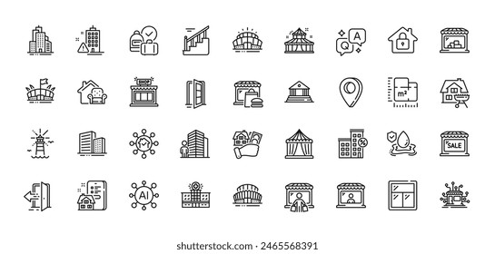 Startseite Einrichtung, Möbel Umzug und Distribution Linie Symbole Pack. KI, Frage und Antwort, Map Pin-Symbole. Open door, Floor Paket, Hospital Building Web Symbol. Vektorgrafik