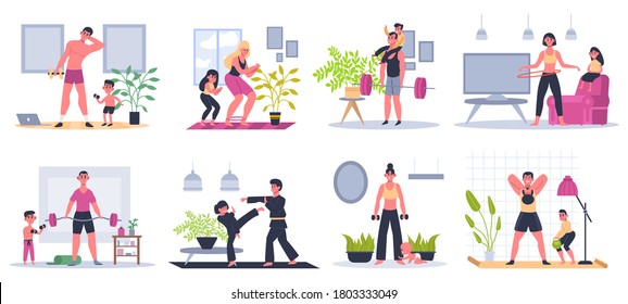 Home Family Fitness. Mother, Father And Kids Exercising At Home, Workout Activities, Families Healthy Lifestyle Vector Illustration Set. Training Family Workout, Mother And Kids Healthy Exercise