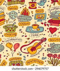 Home and family fun color pattern. Seaamless pattern with home and family color symbols. Signs of happy family domestic life. Color  hand drawn illustration.