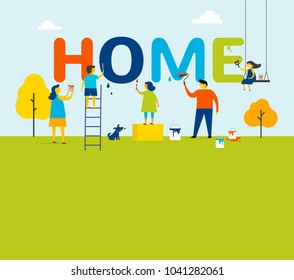 Home - family is painting letters, concept design with different people, kids, mother and father, Summer outdoor scene with minimalistic flat vector illustration