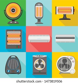 Home fan heater icon set. Flat set of 9 home fan heater vector icons for web design isolated on white background