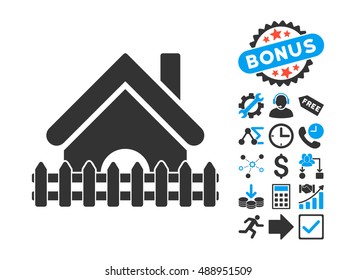 Home Fence icon with bonus elements. Vector illustration style is flat iconic bicolor symbols, blue and gray colors, white background.