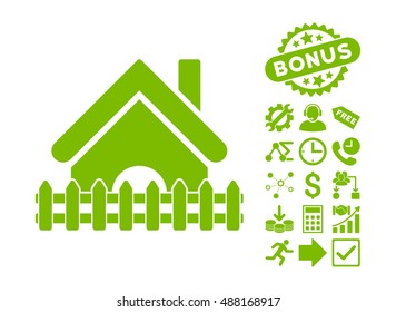 Home Fence pictograph with bonus elements. Vector illustration style is flat iconic symbols, eco green color, white background.