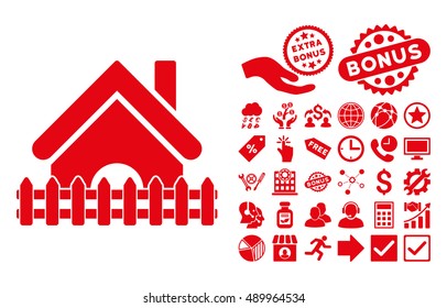 Home Fence pictograph with bonus pictures. Vector illustration style is flat iconic symbols, red color, white background.