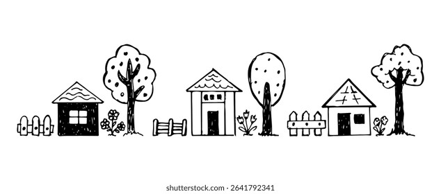 Home with fences and trees doodle vector cartoon illustrations.