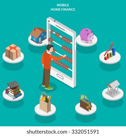 Home finance flat isometric vector concept. A man use counting frame that looks like smartphone surrounded accounting and investments icons.