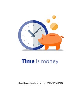Home finance, piggy bank, financial period, clock icon, annual payment, income growth, return on investment, budget planning, expenses concept, savings bank account vector illustration
