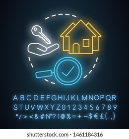 Home finding neon light concept icon. Relocating services, new dwelling place choice idea. Glowing sign with alphabet, numbers and symbols. Purchasing, renting house. Vector isolated illustration