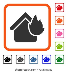 Home Fire Disaster icon. Flat grey iconic symbol inside an orange rounded rectangular frame. Black, gray, green, blue, red, orange color variants of Home Fire Disaster vector.