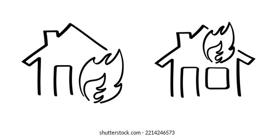 home fire icon. house insurance safety. Burning house, home line pattern. House and home logo or pictogram. House building in flames. Home fire symbol. safety first. Fireman's job, insurance event. 