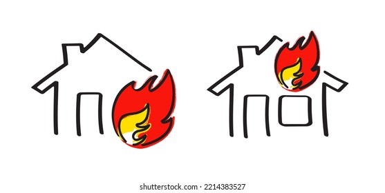 home fire icon. house insurance safety. Burning house, home line pattern. House and home logo or pictogram. House building in flames. Home fire symbol. safety first. Fireman's job, insurance event. 