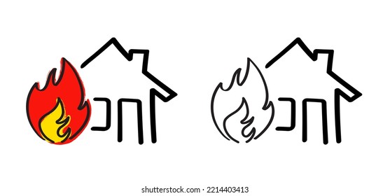 Home Fire Icon. House Insurance Safety. House, Home Line Pattern. House And Home Logo Or Pictogram. House Building In Flames. Home Fire Symbol. Safety First. Fireman's Job, Insurance Event. 