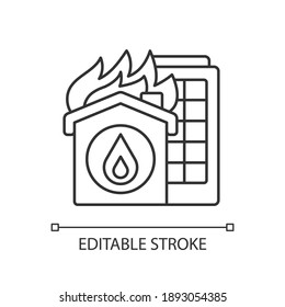 Home fire linear icon. Heating equipment. Flammable materials. Electricity, smoking, candles. Thin line customizable illustration. Contour symbol. Vector isolated outline drawing. Editable stroke