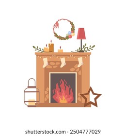 Home fire places with garland lights, lamp Xmas decoration, star and Christmas wreath. Warm cozy winter holiday decor mantelpiece. Christmas fireplaces with candles, flat cartoon vector illustration